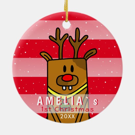 かわいいディアレッドピンクベビーの初めてのクリスマス セラミックオーナメント (裏面)