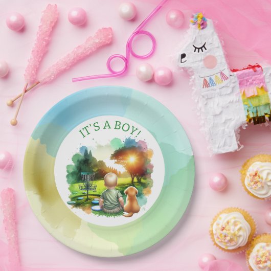 かわいいディスクゴルフ少年の赤ちゃんシャワー | 男の子だ！ ペーパープレート (パーティー)