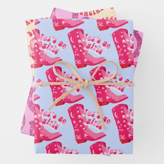 かわいいディスコカウガール 馬の蹄形 ピンク 青 ベージュ ラッピングペーパーシート (インサイチュ)