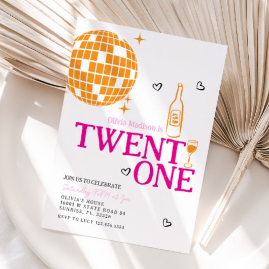 かわいいディスコボールワインボトル 21歳の誕生日パーティー 招待状