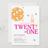 かわいいディスコボールワインボトル 21歳の誕生日パーティー 招待状 (正面)