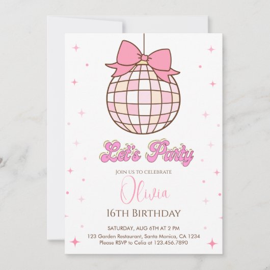 かわいいディスコボール | ピンクボウ誕生日パーティー 招待状 (正面)