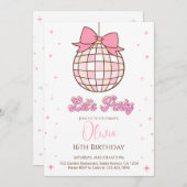 かわいいディスコボール | ピンクボウ誕生日パーティー 招待状 (正面/裏面)