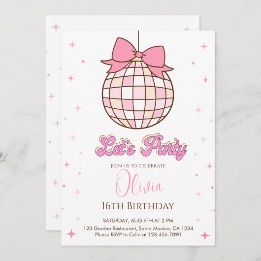 かわいいディスコボール | ピンクボウ誕生日パーティー 招待状 (正面/裏面)