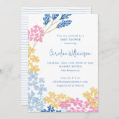 かわいいディッツィフラワーリースブルーイエローベイビーシャワー 招待状 (正面/裏面)