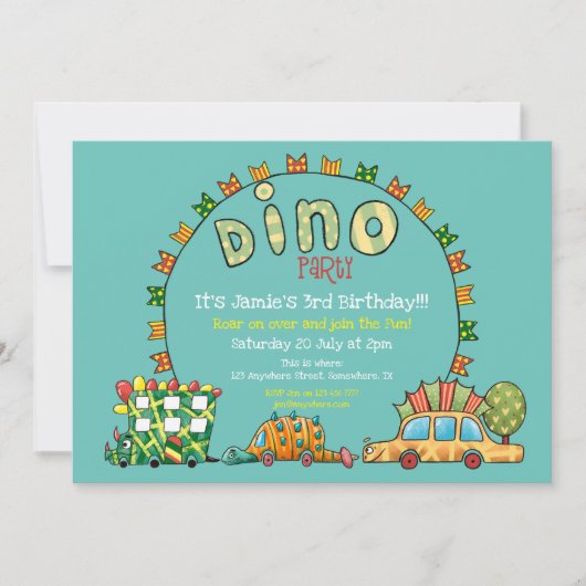 かわいいディノカーズ恐竜グリーンイエローボーイズ誕生日 招待状 (正面)