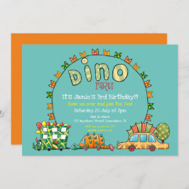 かわいいディノカーズ恐竜グリーンイエローボーイズ誕生日 招待状