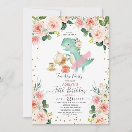 かわいいディノガールティーティーパーティー5th誕生日招待状 招待状 (正面)