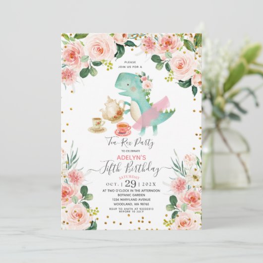 かわいいディノガールティーティーパーティー5th誕生日招待状 招待状 (スタンド正面)