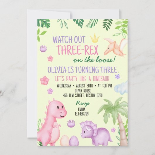 かわいいディノガールバースデーパーティー 招待状 (正面)