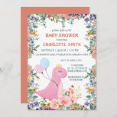 かわいいディノクラウンバルーンフローラベビーシャワー 招待状 (正面/裏面)