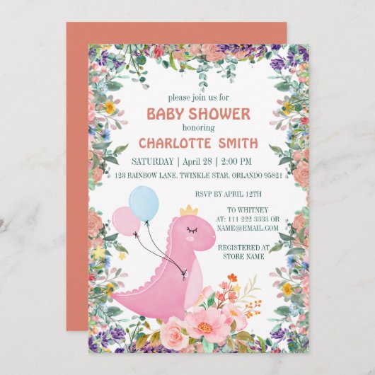 かわいいディノクラウンバルーンフローラベビーシャワー 招待状 (正面/裏面)