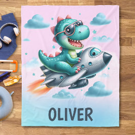 かわいいディノトレックスパイロット飛んでいるジェット機 フリースブランケット