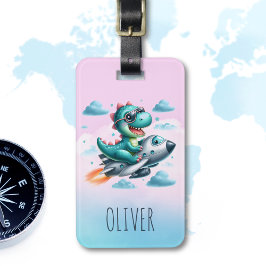 かわいいディノトレックスパイロット飛んでいるジェット機 ラゲッジタグ