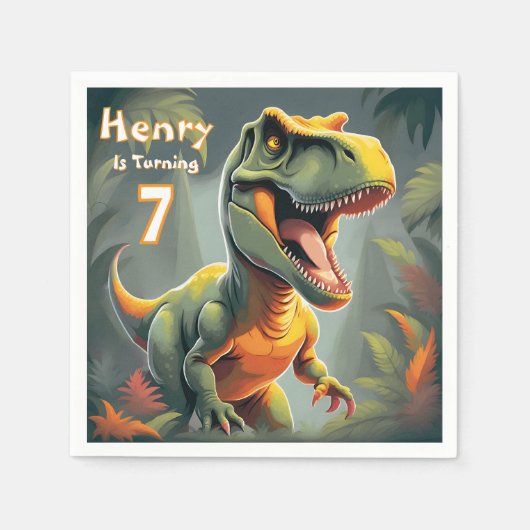 かわいいディノTレックス誕生日パーティーペーパーナプキン スタンダードカクテルナプキン (正面)