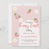 かわいいデイジーイチゴベリーファーストバースデー 招待状 (正面)