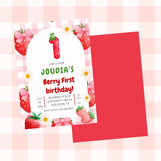かわいいデイジーイチゴ、ベリー初めての誕生日 招待状