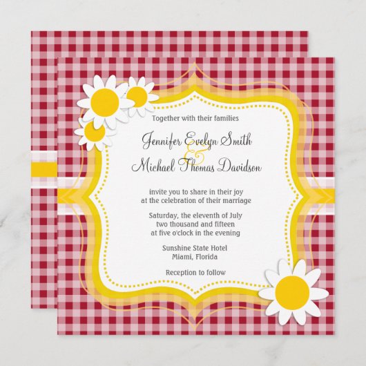 かわいいデイジーオンカーミン赤いギンガム市松模様に;  招待状 (正面/裏面)