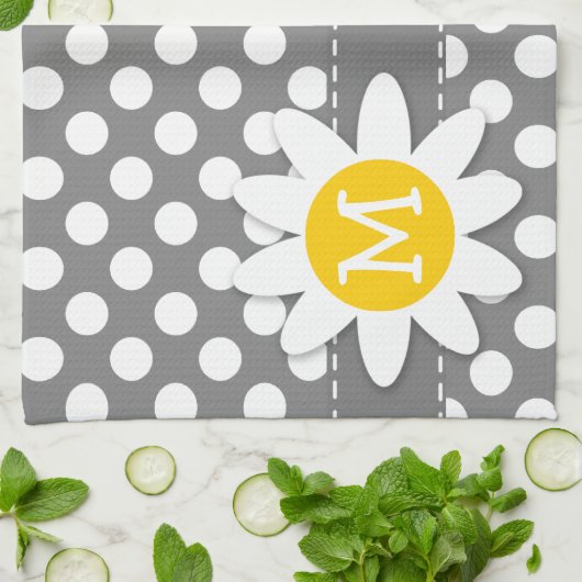 かわいいデイジーオンダークグレー水玉模様 キッチンタオル (折り畳み)