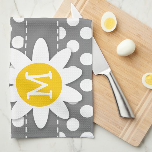 かわいいデイジーオンダークグレー水玉模様 キッチンタオル (四つ折り)