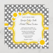 かわいいデイジーオンダークグレー水玉模様 招待状 (正面/裏面)