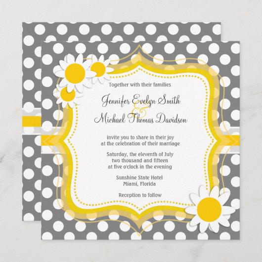 かわいいデイジーオンダークグレー水玉模様 招待状 (正面/裏面)