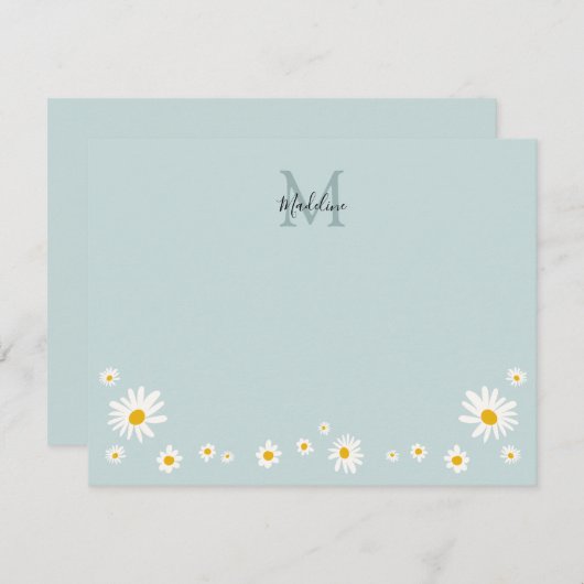 かわいいデイジーフラワーモダンティール(緑がかった色)モノグラム ノートカード (正面/裏面)