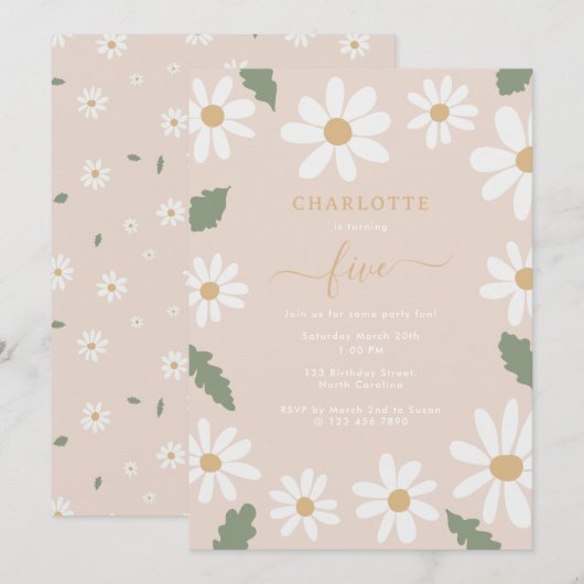 かわいいデイジー花誕生日パーティーガールピンク 招待状 (正面/裏面)