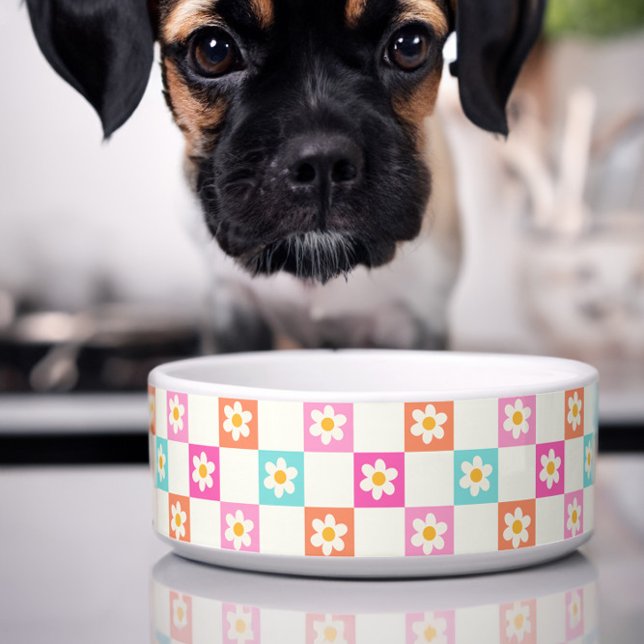 かわいいデイジー チェック シンプル カラフル ペット ボウル (Cute dog bowl with colorful daisy chequerboard pattern)