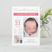 かわいいデザインの出生発表カード - ピンク 案内状 (スタンド正面)