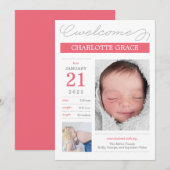 かわいいデザインの出生発表カード - ピンク 案内状 (正面/裏面)