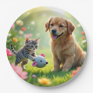 かわいいデザインの猫と犬が載っている ペーパープレート