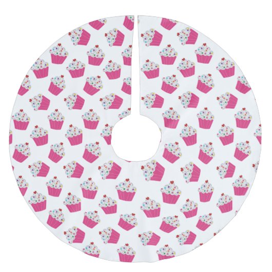 かわいいデザート明るいピンクのカップケーキパターン ブラッシュドポリエステルツリースカート (正面)