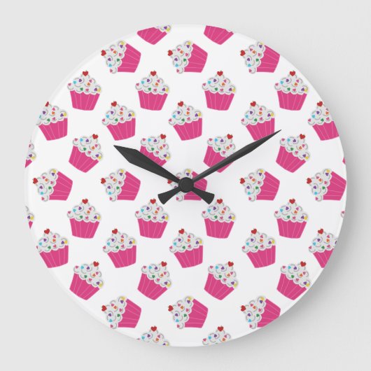 かわいいデザート明るいピンクのカップケーキパターン ラージ壁時計 (正面)