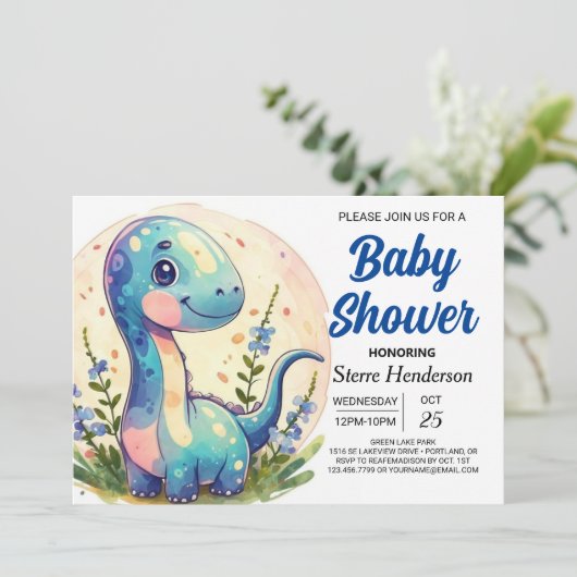 かわいいデジタルシック恐竜の男の子の赤ちゃんシャワー 招待状 (スタンド正面)
