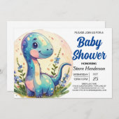 かわいいデジタルシック恐竜の男の子の赤ちゃんシャワー 招待状 (正面/裏面)