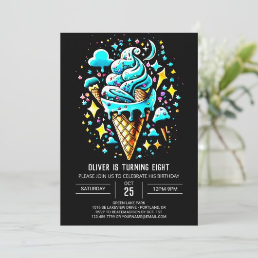 かわいいデジタルスイートボーイアイスクリーム誕生日 招待状 (スタンド正面)