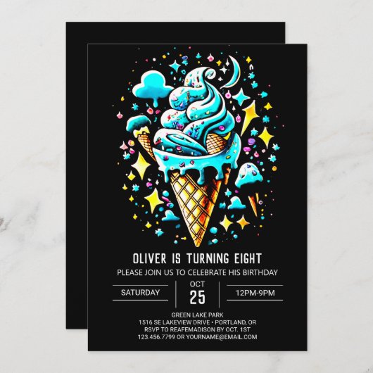 かわいいデジタルスイートボーイアイスクリーム誕生日 招待状 (正面/裏面)