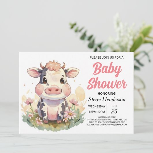 かわいいデジタルファーミヤード編集可能な牛の赤ちゃんシャワー 招待状 (スタンド正面)