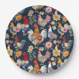 かわいいデニムウェアフローラコラージファーム鶏 ペーパープレート