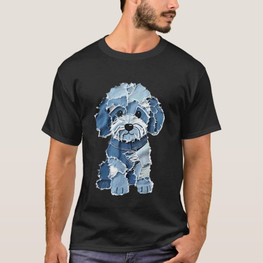 かわいいデニムパッチワークの子犬アート Tシャツ (正面)