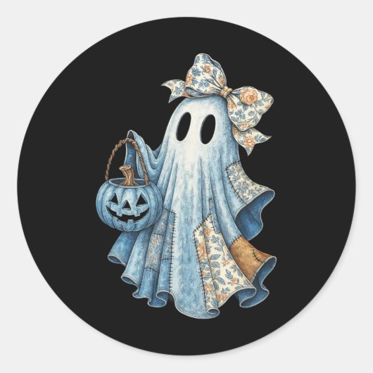 かわいいデニム幽霊とフローラボウハロウィーンアステト ラウンドシール (正面)