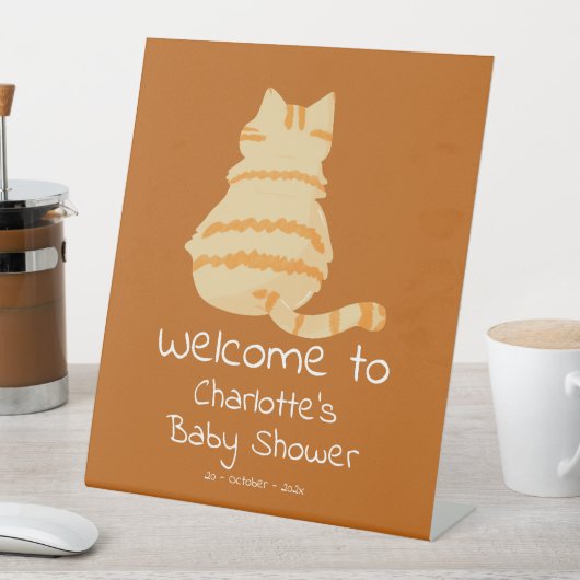 かわいいデブオレンジ猫 ベビーシャワーようこそ 台座サイン (インサイチュ)