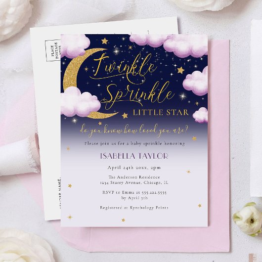 かわいいトゥインクルリトルスターピンクガールベビー散水 インビテーションポストカード