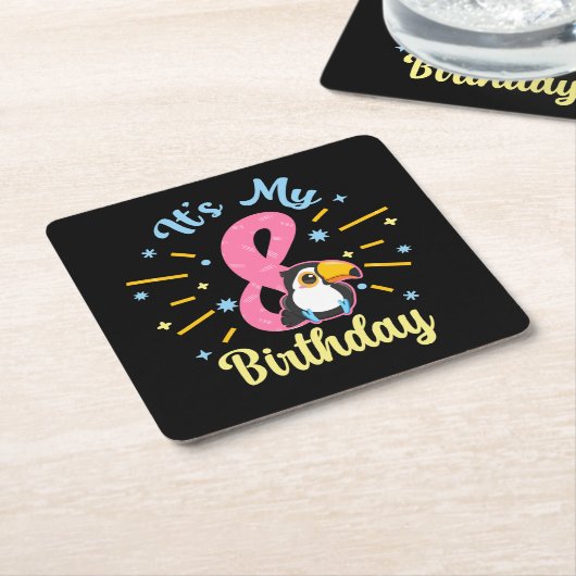 かわいいトゥーカン8誕生日8歳誕生女の子 スクエアペーパーコースター (アングル)