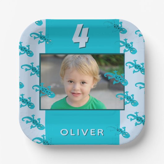 かわいいトカゲの子供の誕生日パーティーの写真 ペーパープレート (正面)