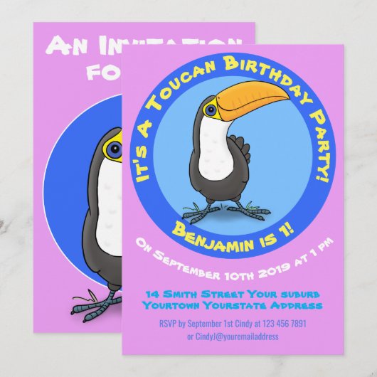 かわいいトコノコ鳥の漫画の誕生日招待 1歳 招待状 (正面/裏面)