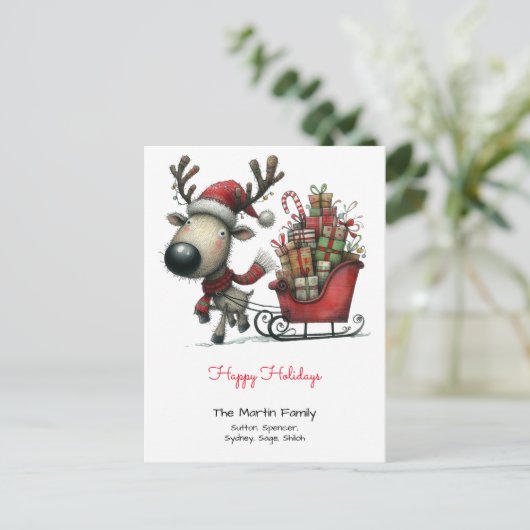 かわいいトナカイがそりを引っ張るハッピーホリデー ポストカード (スタンド正面)