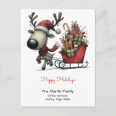 かわいいトナカイがそりを引っ張るハッピーホリデー ポストカード (正面)