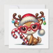 かわいいトナカイがストライプのキャンディーケーンを持っている シーズンカード (正面)
